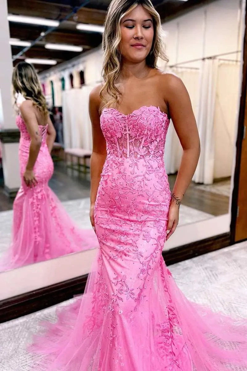 Yellow Floral Lace Long Prom Dress Mermaid Sweetheart Graduation Dresses