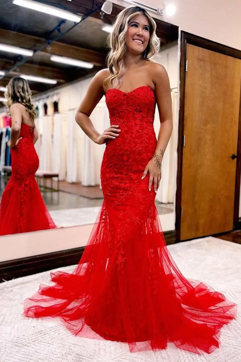 Yellow Floral Lace Long Prom Dress Mermaid Sweetheart Graduation Dresses