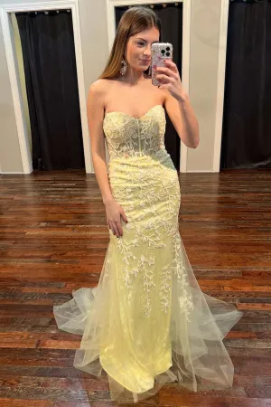 Yellow Floral Lace Long Prom Dress Mermaid Sweetheart Graduation Dresses